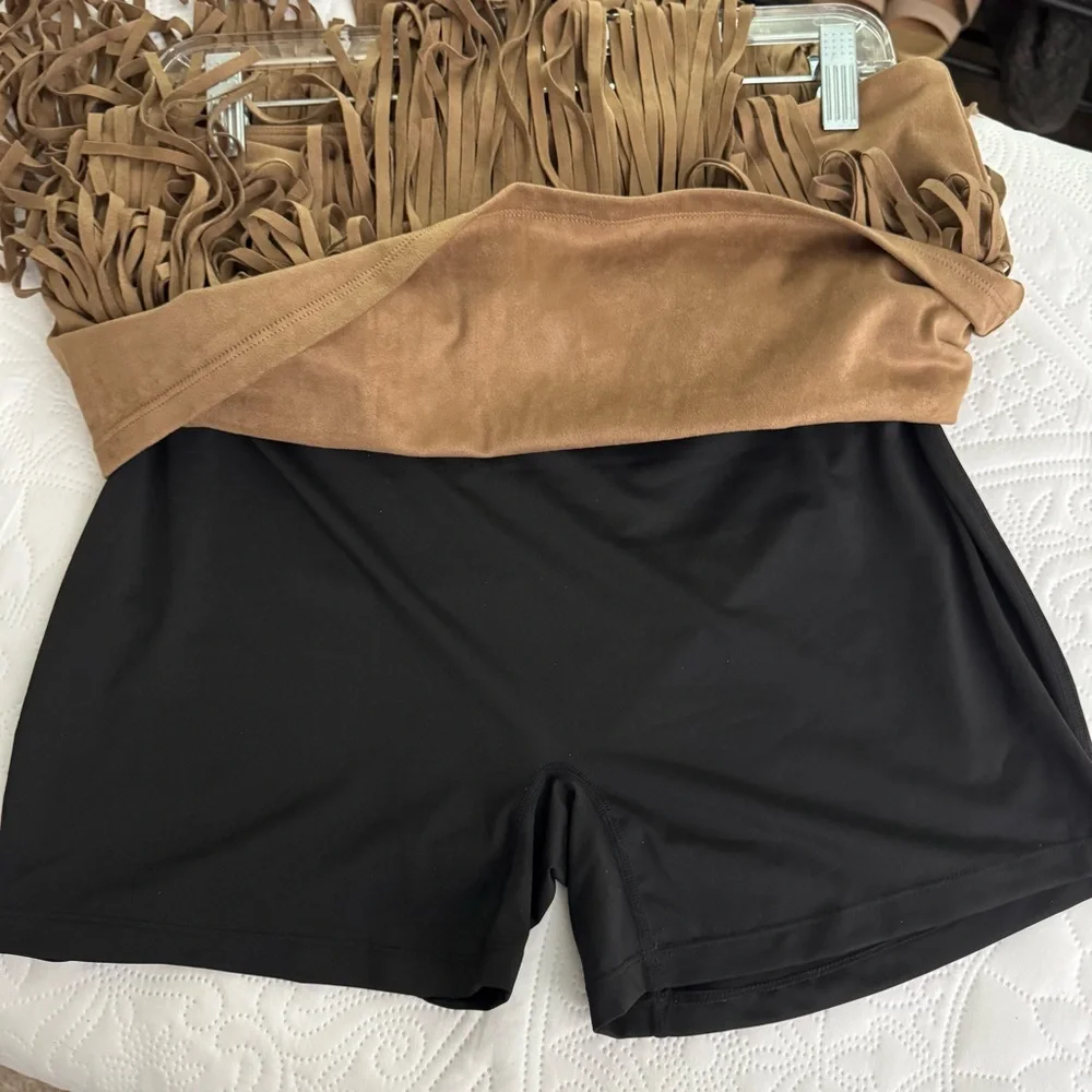 Halara Crossover High Waisted 2-in-1 Fringe Hem Bodycon Mini Skirt Faux Suede L - Picture 6 of 8